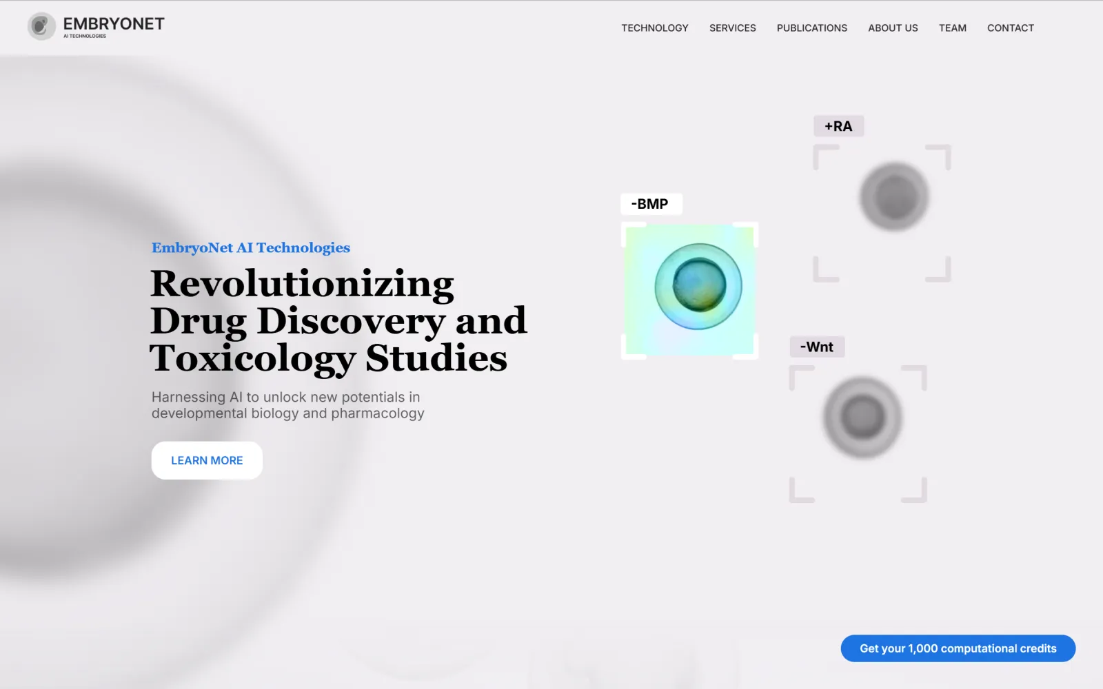 Product landing page headed “Revolutionizing drug discovery and toxicology studies”, with labelled embryo samples beside it.