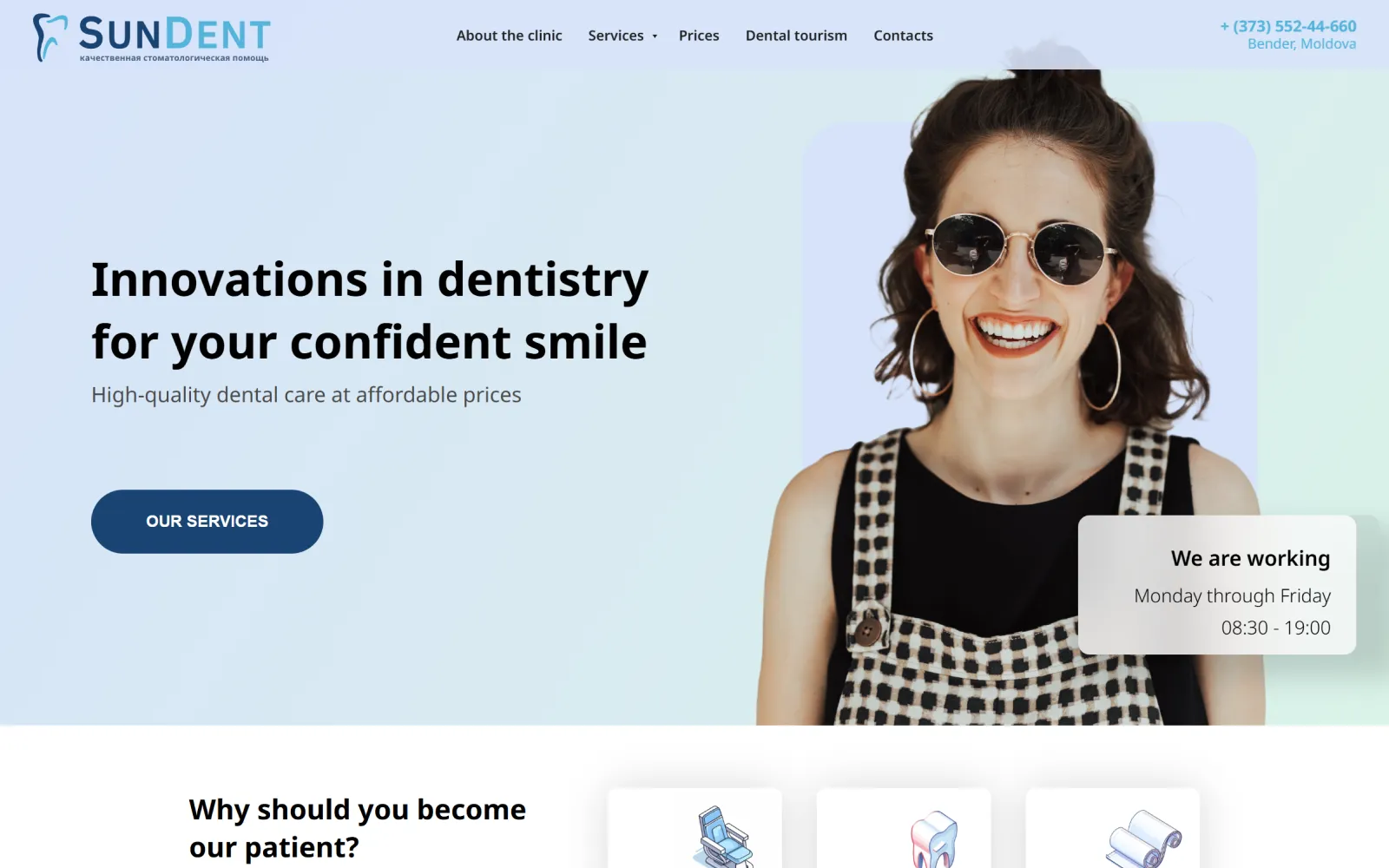 Clinic landing page headed “Innovations in dentistry for your confident smile”, with opening hours and a services button.